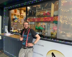 Dan outside Cobble after co-winning the BBBA Christmas Shop Dressing competition - Dec 2021